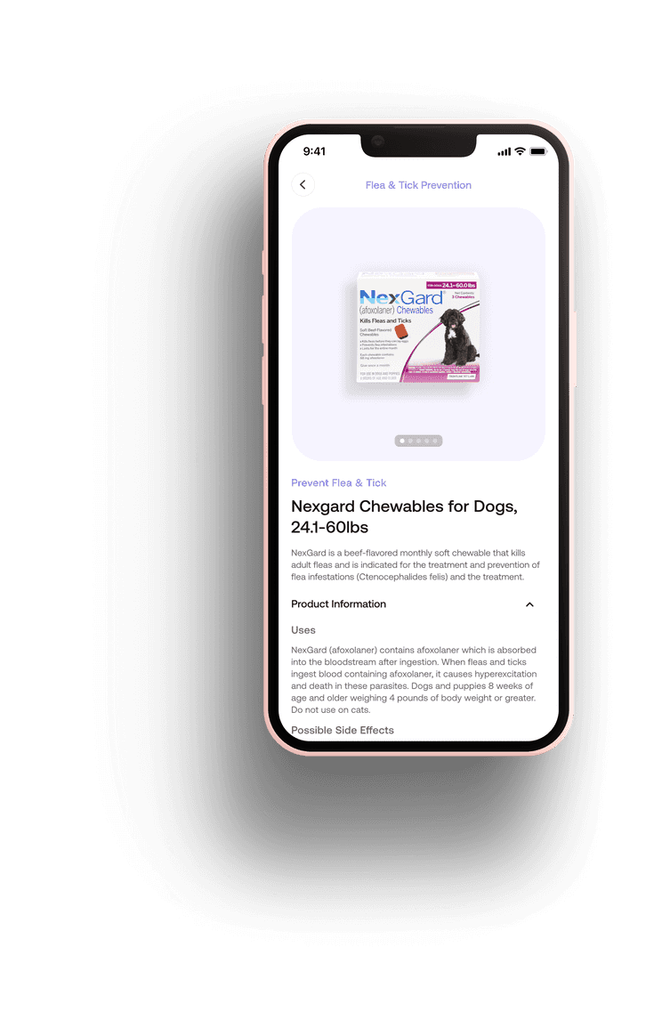 Pawp iOS application with recommendation to purchase Nexgard Chewables for Dogs