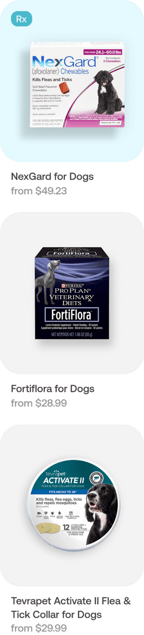 NexGard for Dogs. Fortiflora for Dogs. Tevrapet Activate II Flea & Tick Collar for Dogs.